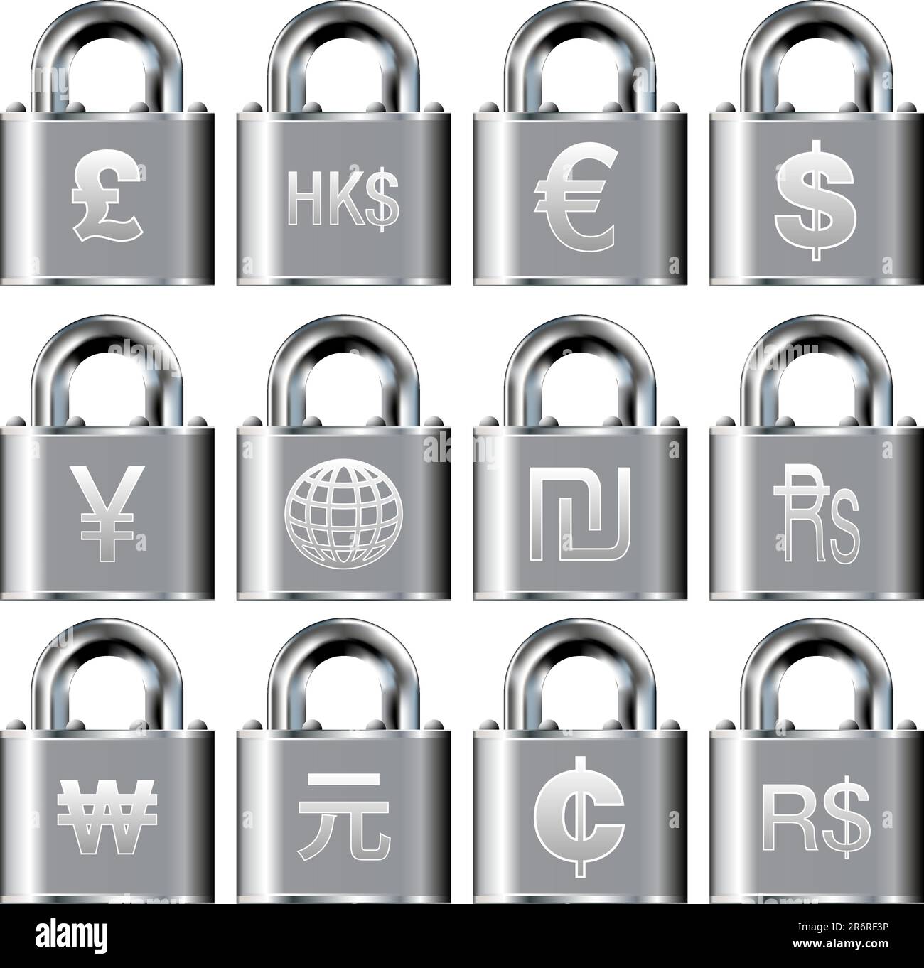 Icone del simbolo di valuta internazionale sui pulsanti del lucchetto di sicurezza Illustrazione Vettoriale