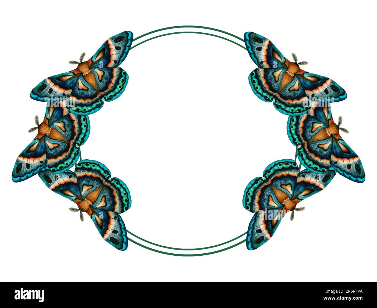 Cornice con acquerello blu verde chiaro isolato su sfondo bianco. Clip art mano dipinta farfalla imperiale notte. Insetto per il disegno Foto Stock