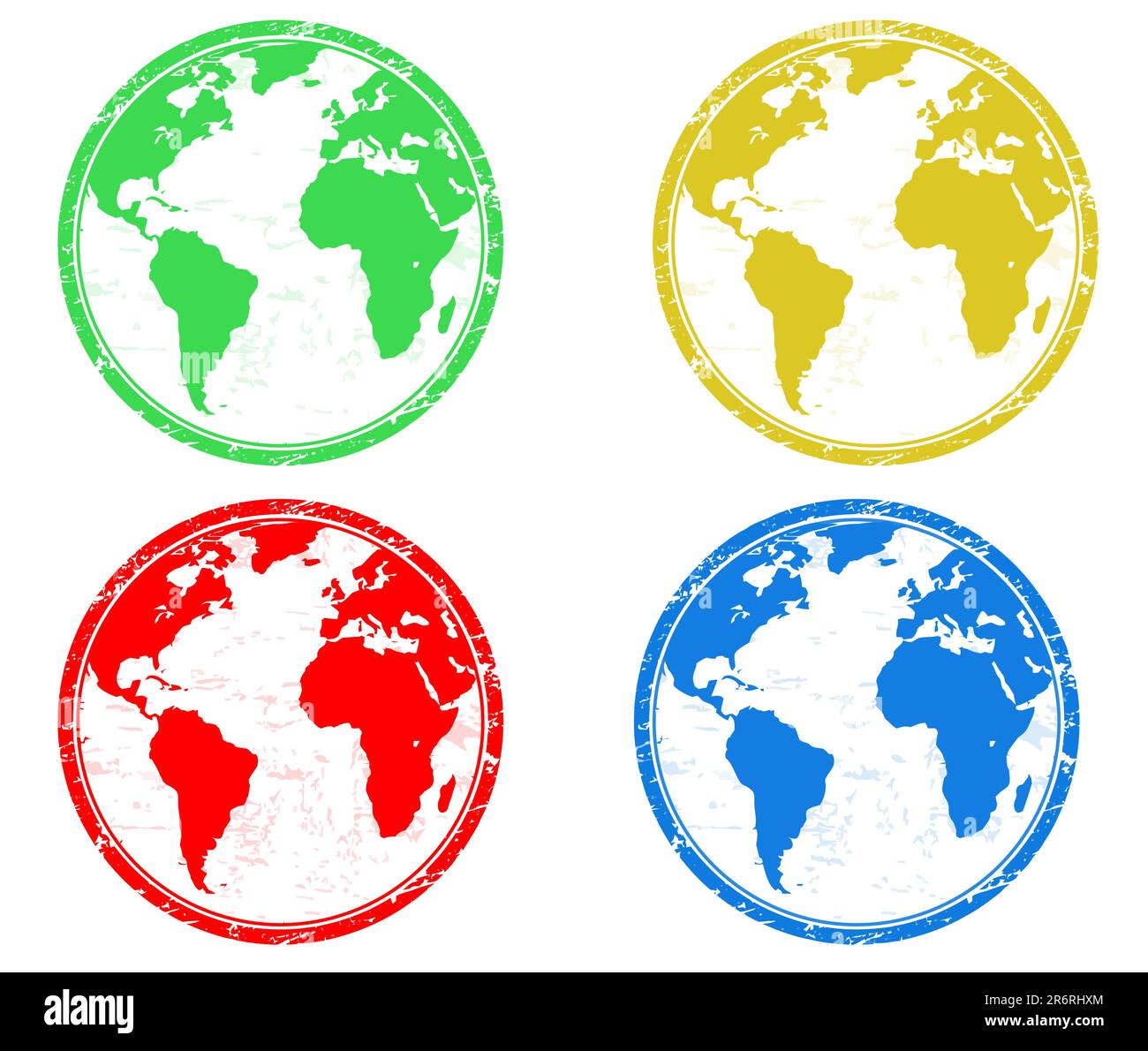 Francobolli con globi di terra colorati su bianco Illustrazione Vettoriale