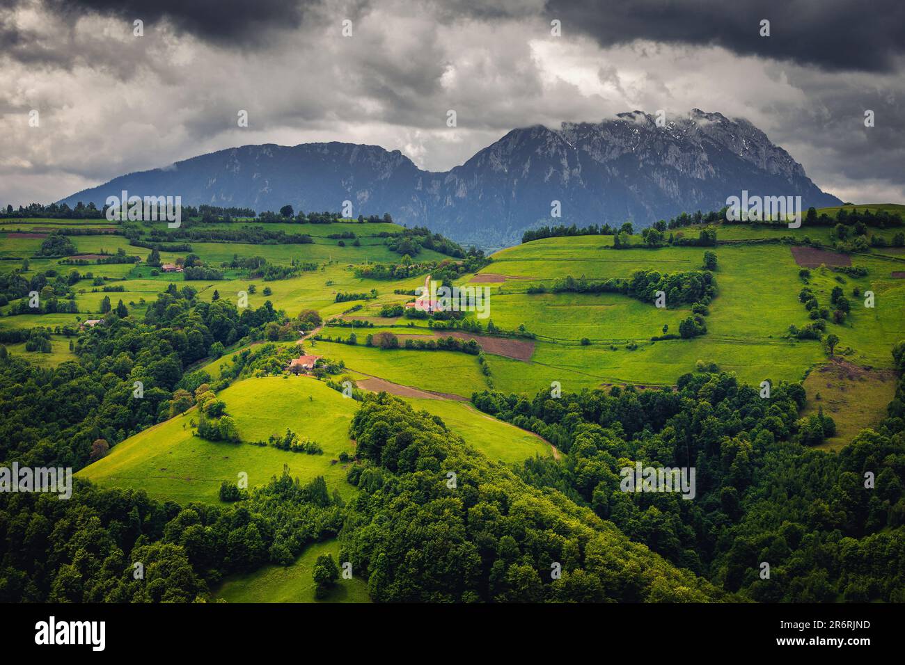 Incredibile paesaggio rurale estivo con campi verdi e foreste sulle colline al giorno delle piogge, Piatra Craiului montagne sullo sfondo, Holbav, Romania, Europa Foto Stock
