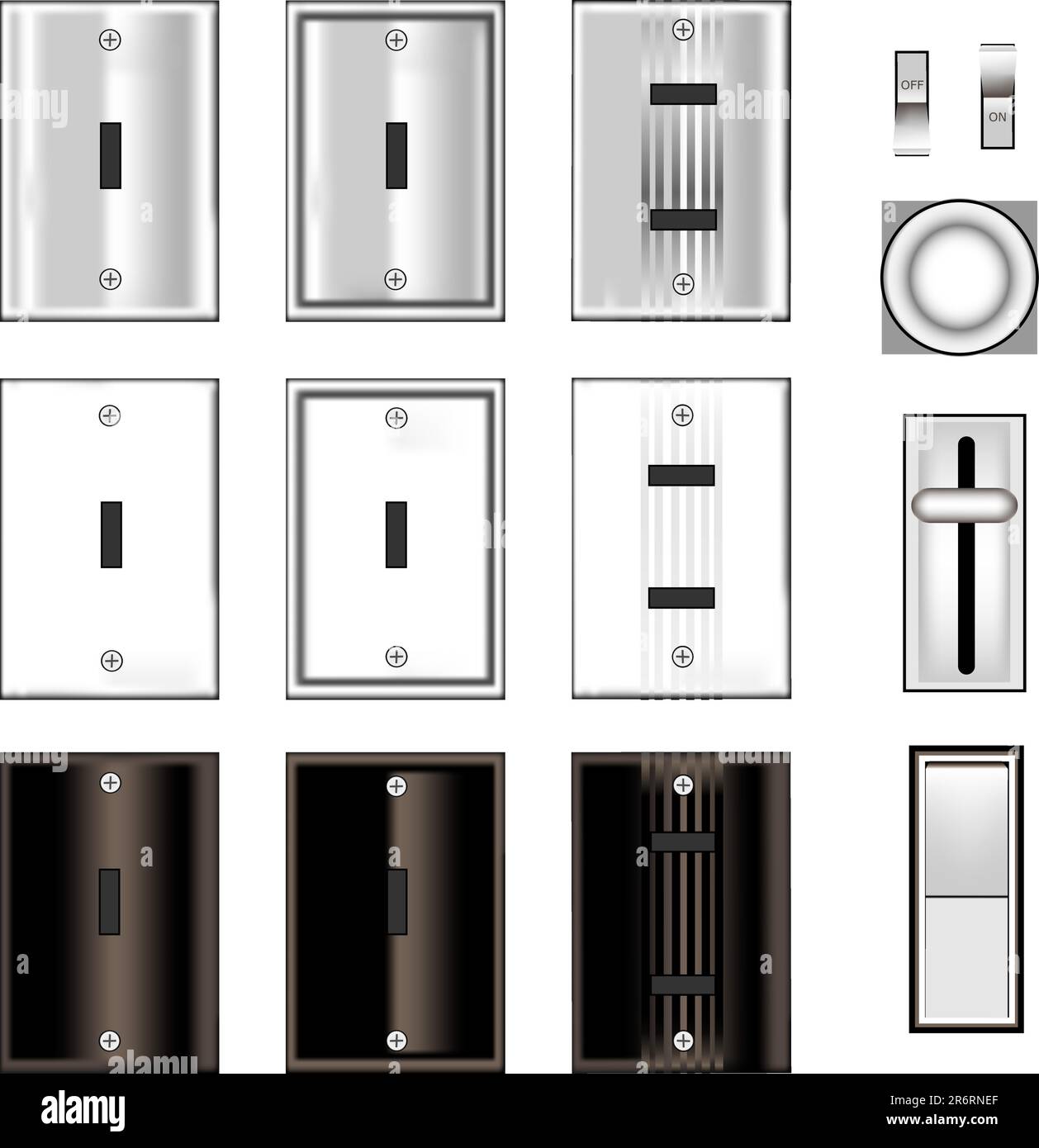 Interruttori di illuminazione e piastre anteriori con struttura lucida in nero, bianco e acciaio inox - set vettoriale Illustrazione Vettoriale