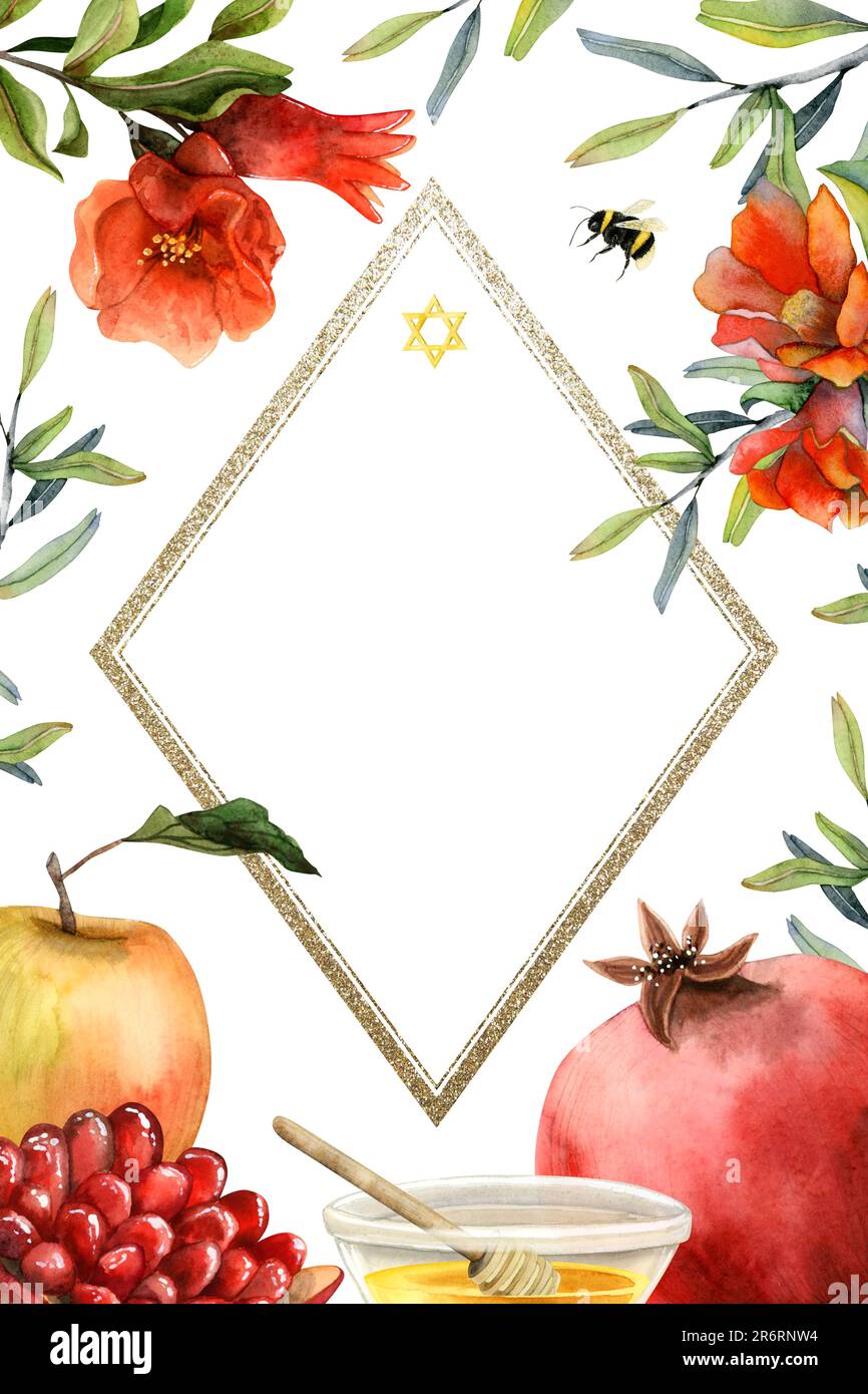 Modello di cartoncino di auguri Rosh Hashanah, illustrazione in acquerello per il Capodanno ebraico. Adatto per il formato A6 Foto Stock