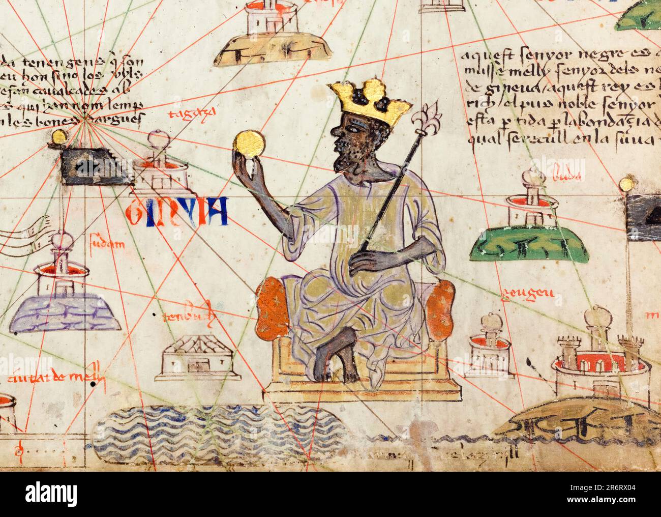 Mansa Musa (1280-1337), nono governatore dell'Impero Mali (circa 1312-1337), seduto su un trono e in possesso di una moneta d'oro, mappa di Abraham Cresques, 1375 Foto Stock