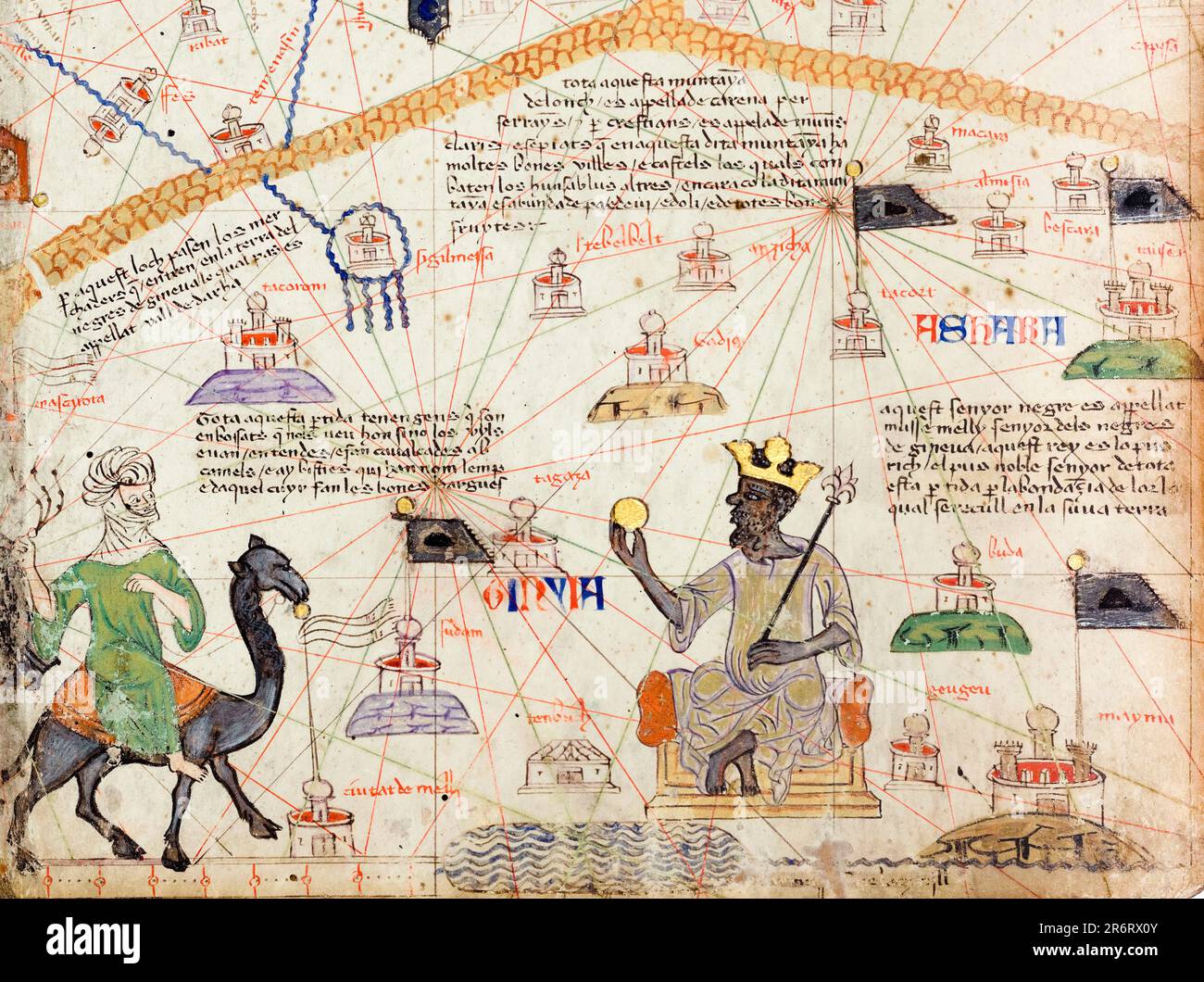 Dettaglio di un atlante catalano che mostra una mappa del Sahara Occidentale e Mansa Musa (1280-1337), nono sovrano dell'Impero Mali (circa 1312-1337), mappa di Abraham Cresques, 1375 Foto Stock