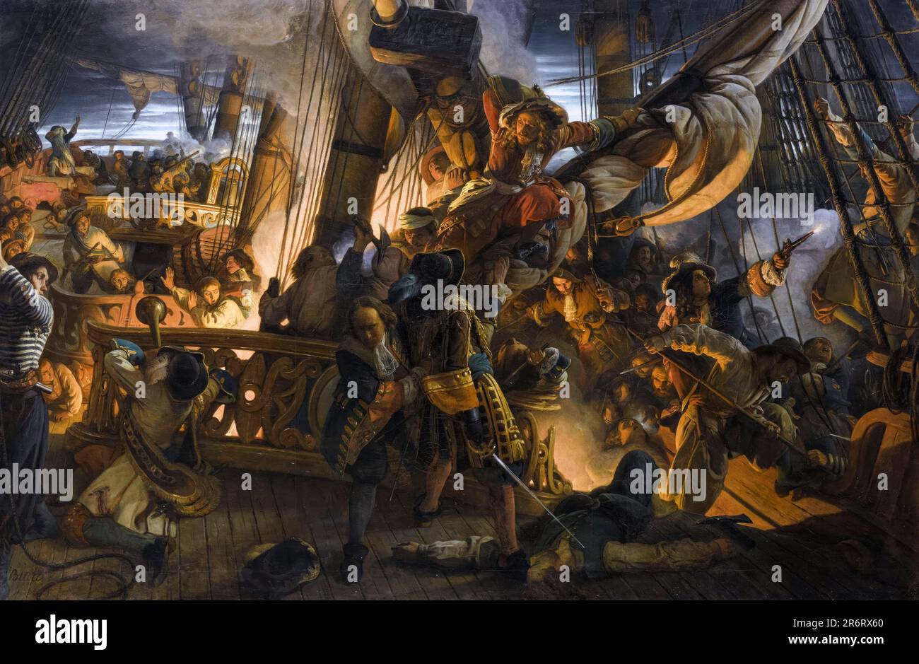 Francois Auguste Biard Painting, Battaglia di Texel (1694), Jean Bart Boarding a Dutch Vessel, olio su tela, 1843 Foto Stock