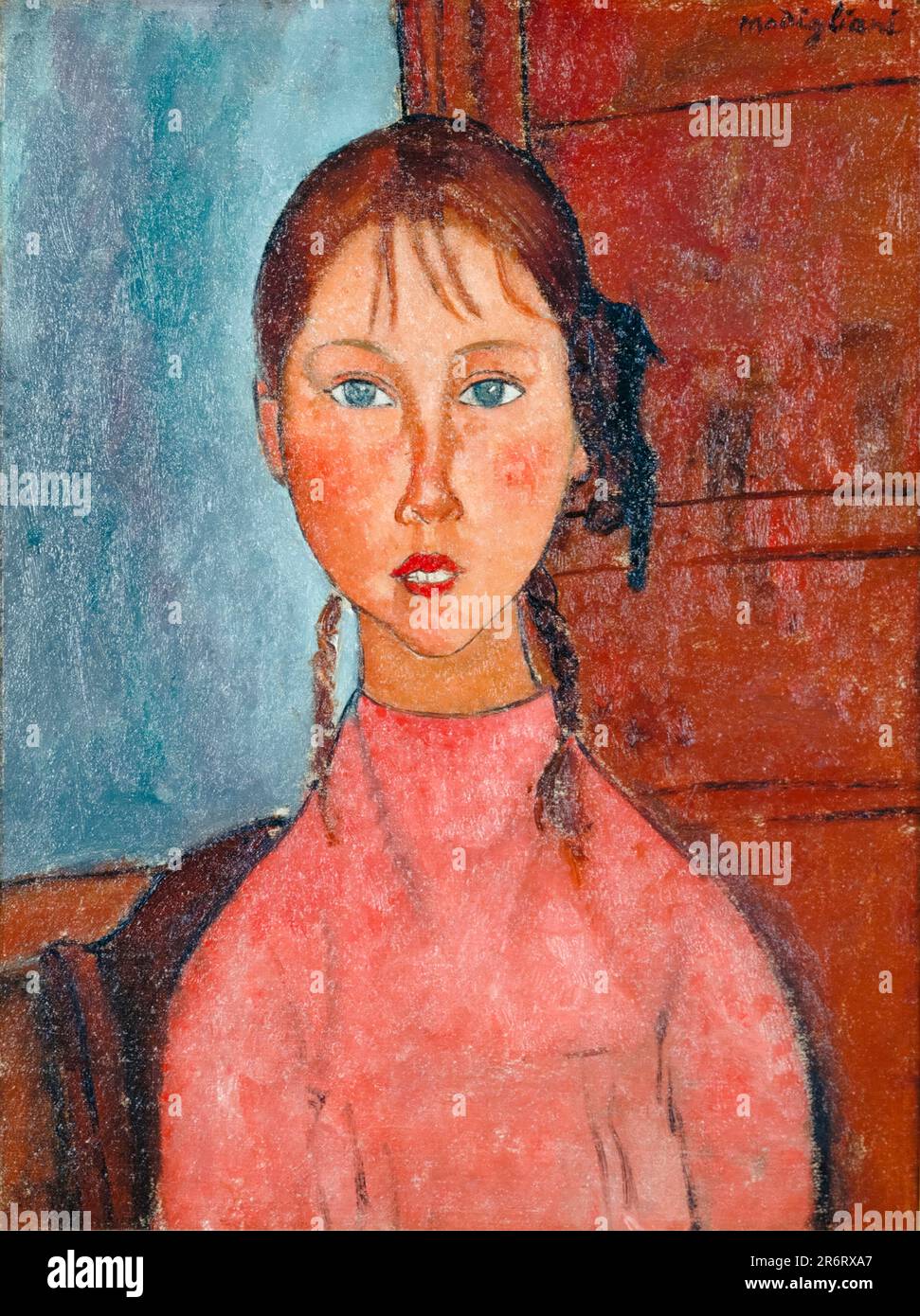 Amedeo Modigliani, ragazza con pigtail, ritratto dipinto ad olio su tela, circa 1918 Foto Stock