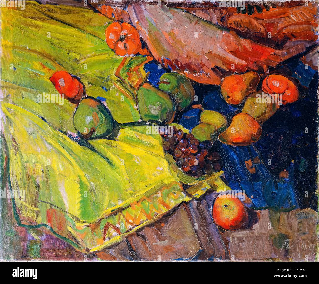 Pittura Anton Faistauer, Still Life con frutta su tela verde, olio su tela, 1911 Foto Stock