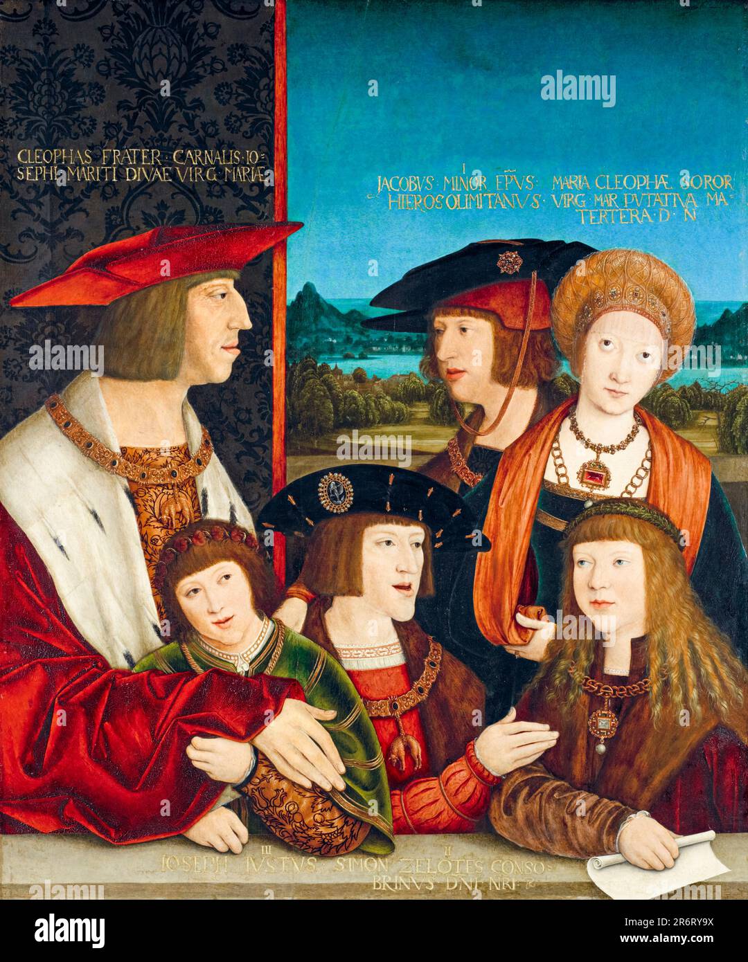 Imperatore Massimiliano i (1459-1519) Imperatore Sacro Romano, con suo figlio Filippo la Fiera (Filippo i di Castiglia, 1478-1506), sua moglie Maria di Borgogna (1457-1482), i suoi nipoti Carlo V (1500-1558) e Ferdinando i (1503-1564), E sua nipote Maria d'Austria (1505-1558), ritratto di famiglia dipinto in olio su legno di Bernhard Strigel, 1516-1520 Foto Stock