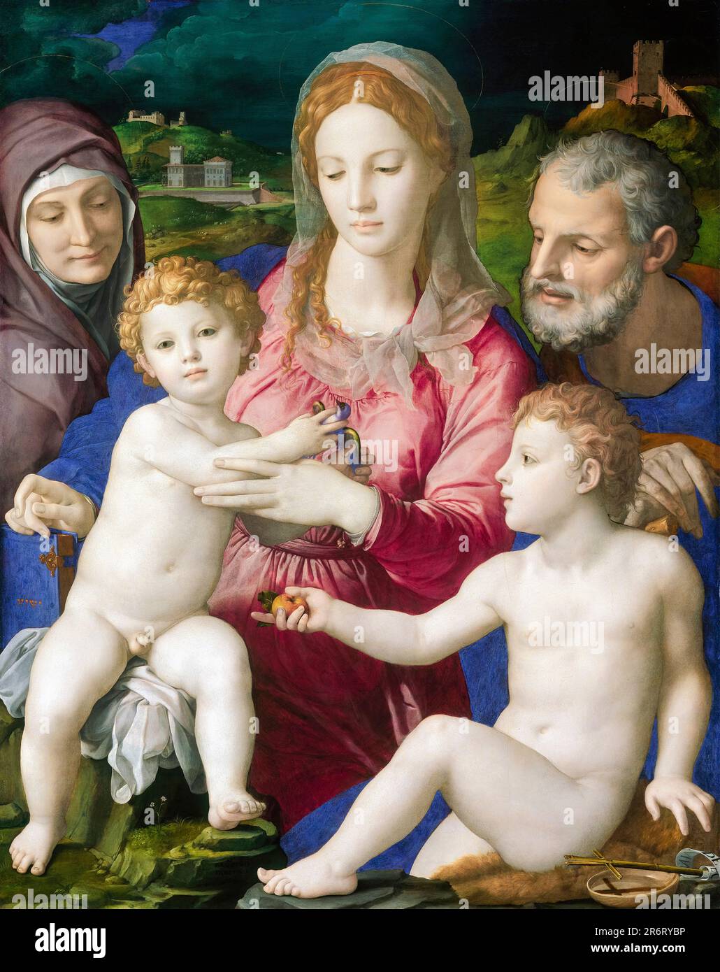 Sacra Famiglia con Sant'Anna e il Bambino San Giovanni, dipinto in olio su legno di Agnolo Bronzino, 1545-1546 Foto Stock