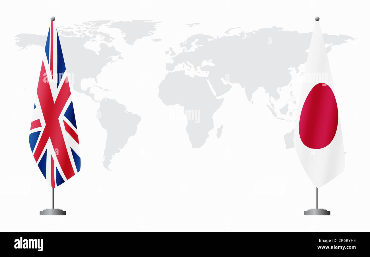Bandiere del Regno Unito e del Giappone per l'incontro ufficiale sullo sfondo della mappa mondiale. Illustrazione Vettoriale