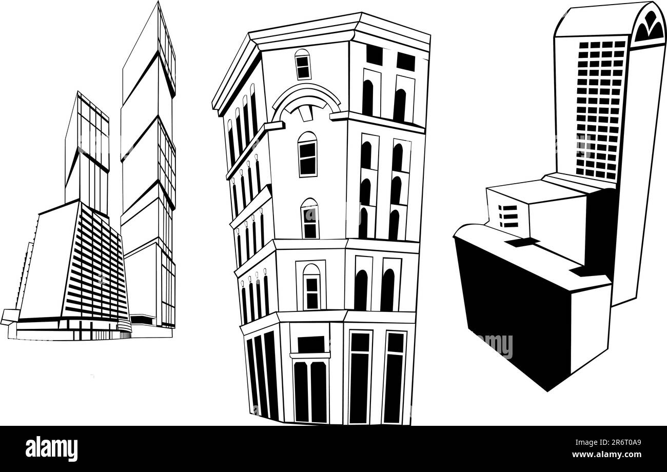 insieme vettoriale di grattacieli diversi. Illustrazione Vettoriale