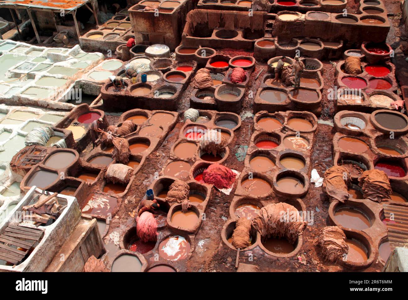 Conciatura e tintura del cuoio nel centro storico di Fez Marocco Foto Stock