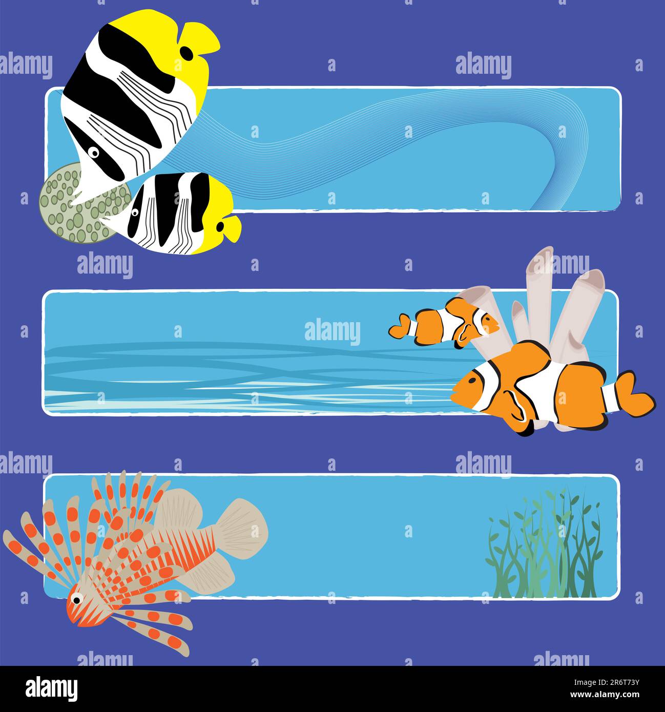 Tre pesci tropicali banner nessun testo indicano il sea world creature Illustrazione Vettoriale