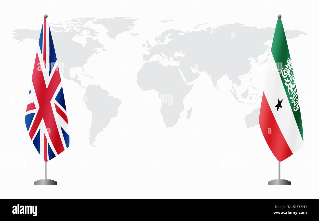 Bandiera del Regno Unito e del Somaliland per l'incontro ufficiale sullo sfondo della mappa mondiale. Illustrazione Vettoriale