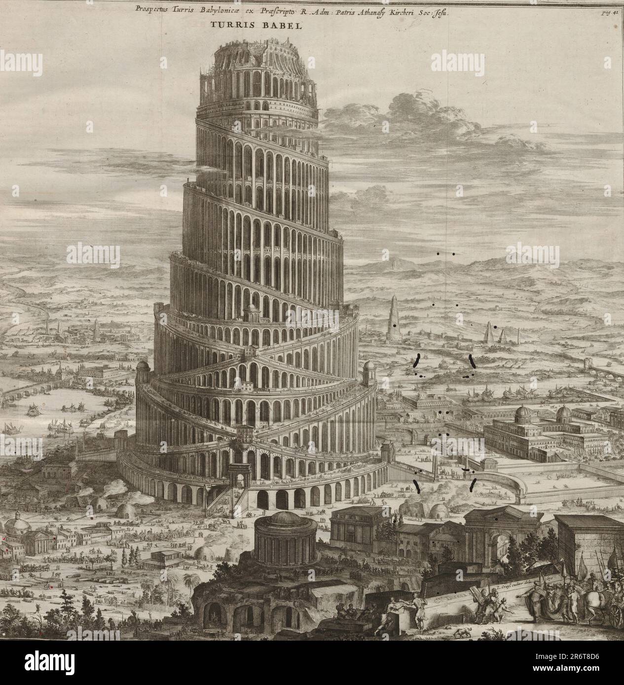 Illustrazione per il 'Turris Babel' di Athanasius Kircher. Museo: Biblioteca Universitaria di Heidelberg. Autore: COENRAET DECKER. Foto Stock
