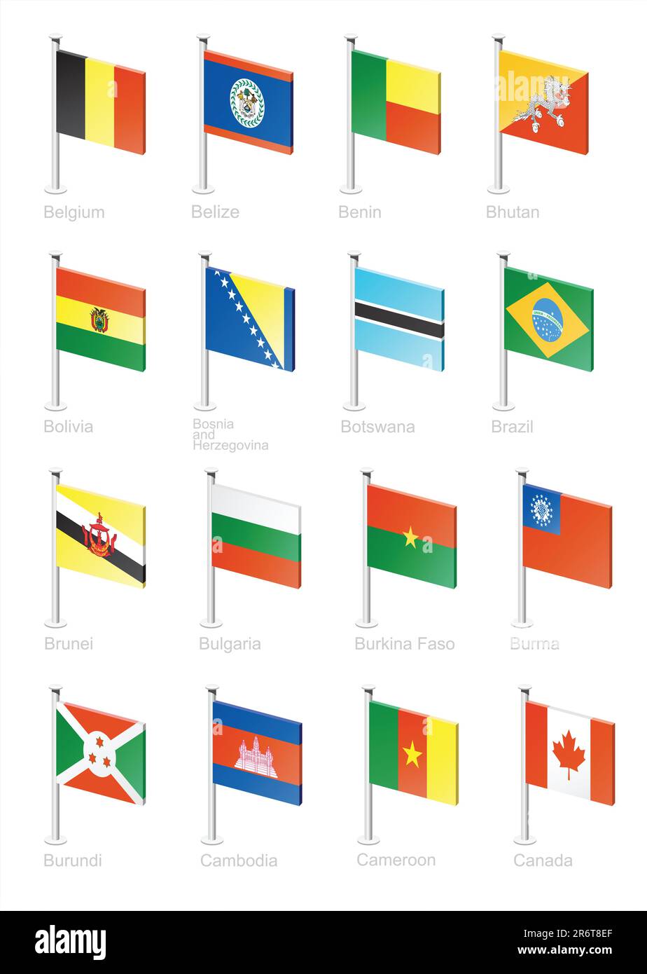Belgio, Belize, Benin, Bhutan, Bolivia, Bosnia-Erzegovina, Botswana, Brasile, Brunei, Bulgaria, Burkina Faso, Birmania, Burundi, Cambogia, Camero... Illustrazione Vettoriale