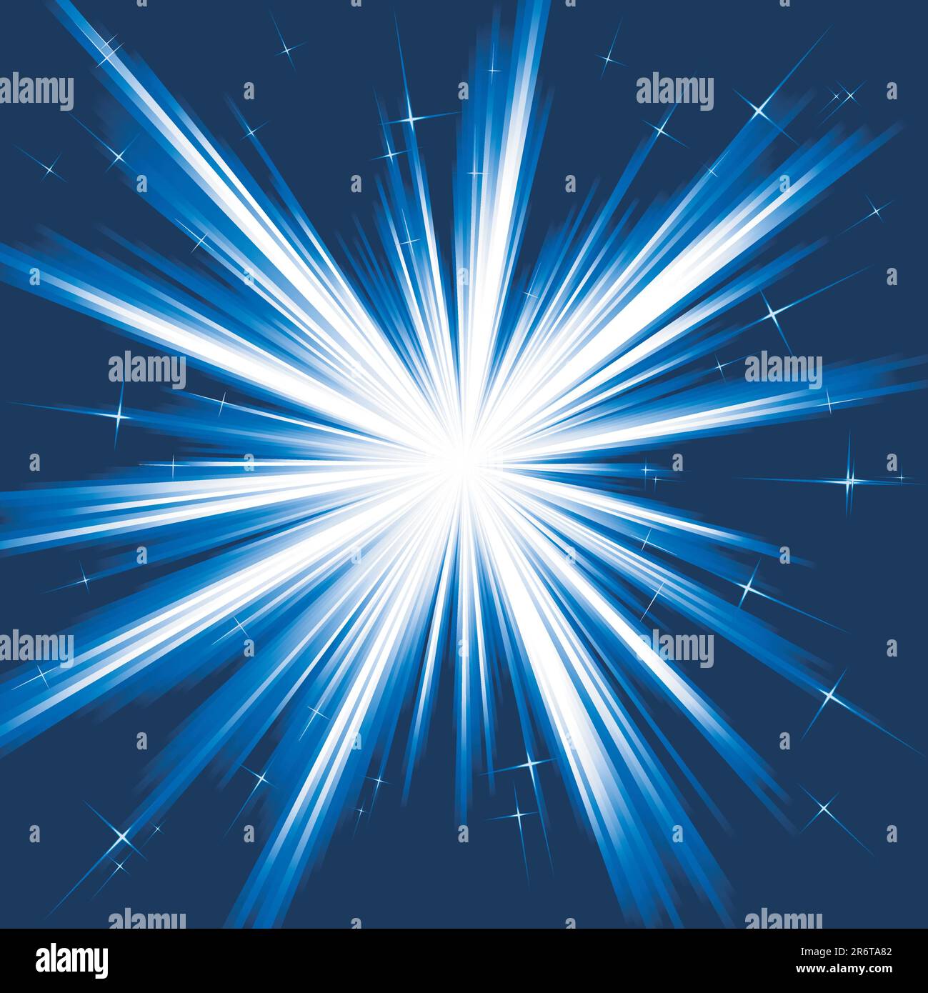 Luce, raffica di stelle; fuochi d'artificio stilizzati dal bianco al blu scuro con piccole stelle. Burst controllato da un gradiente lineare. Uso di 8 colori globali. Illustrazione Vettoriale
