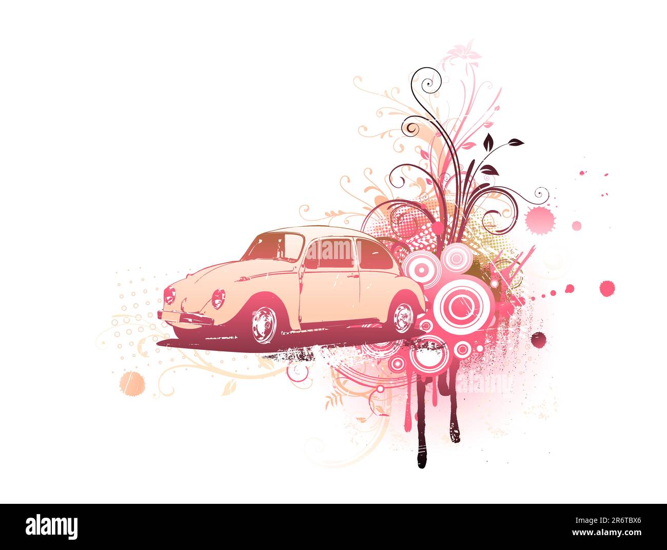 Illustrazione Vettoriale della vecchia abitudine Volkswagen Beatle sul grunge floral background decorativo Illustrazione Vettoriale