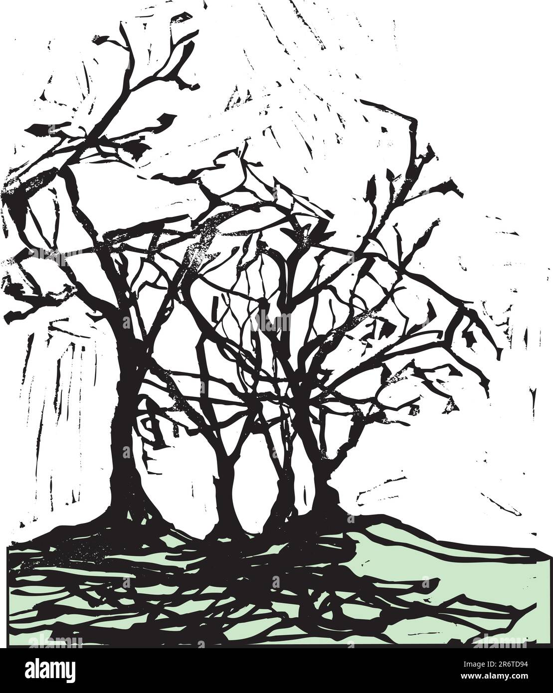 Tenebrosi ombre di alberi nello stile di un taglio del legno. Illustrazione Vettoriale