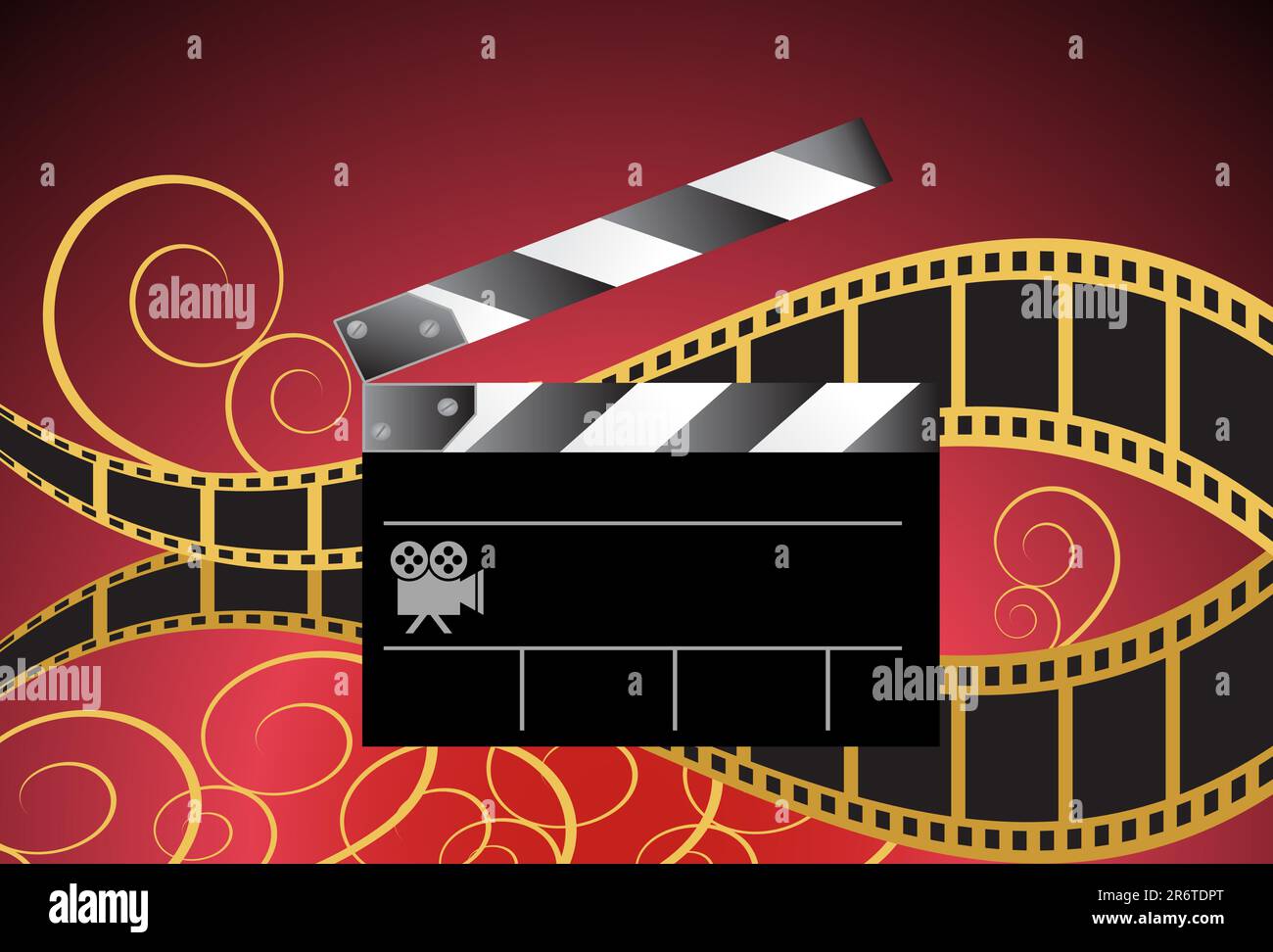 Sfondo a tema filmato con pellicola, ardesia, ricci decorativi e icona della fotocamera. Illustrazione Vettoriale