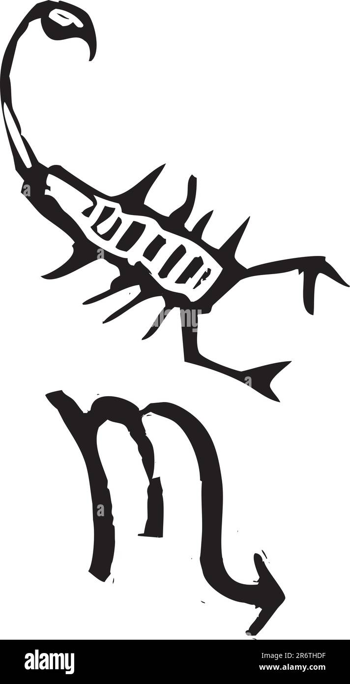 Primitivo stile xilografia segno zodiacale dello Scorpione. Parte di una serie. Illustrazione Vettoriale