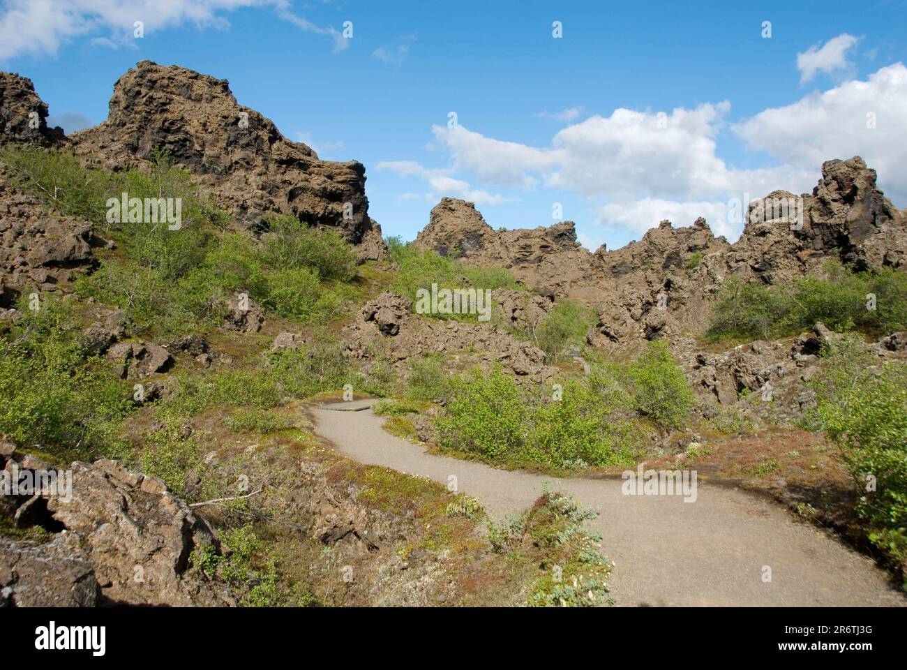 Dimmuborgir, 'Castelli oscuri', presso il Lago Myvatn, Islanda Foto Stock