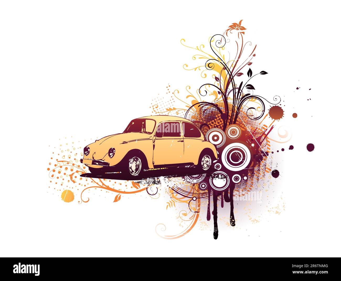 Illustrazione Vettoriale della vecchia abitudine Volkswagen Beatle sul grunge floral background decorativo Illustrazione Vettoriale