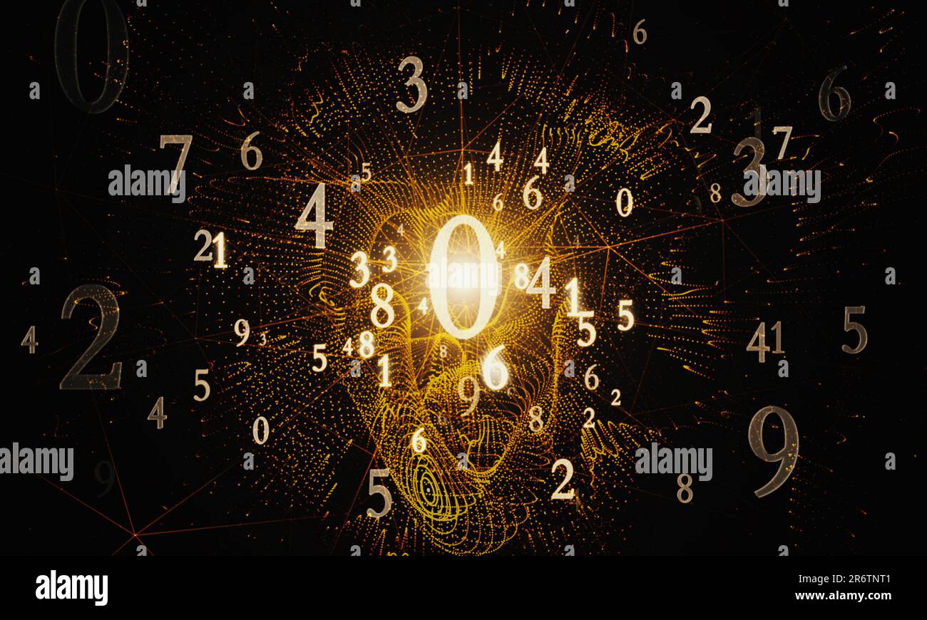Numerologia. Buco nero (conoscenza segreta dei numeri). Sfondo esoterico con numeri. Messa a fuoco morbida e profondità di campo. Rendering 3D. Foto Stock