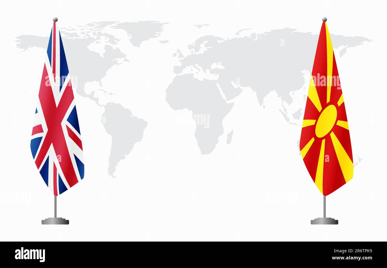 Bandiera del Regno Unito e della Macedonia settentrionale per l'incontro ufficiale sullo sfondo della mappa mondiale. Illustrazione Vettoriale