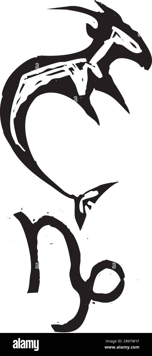 Primitivo stile xilografia segno zodiacale del Capricorno. Parte di una serie. Illustrazione Vettoriale