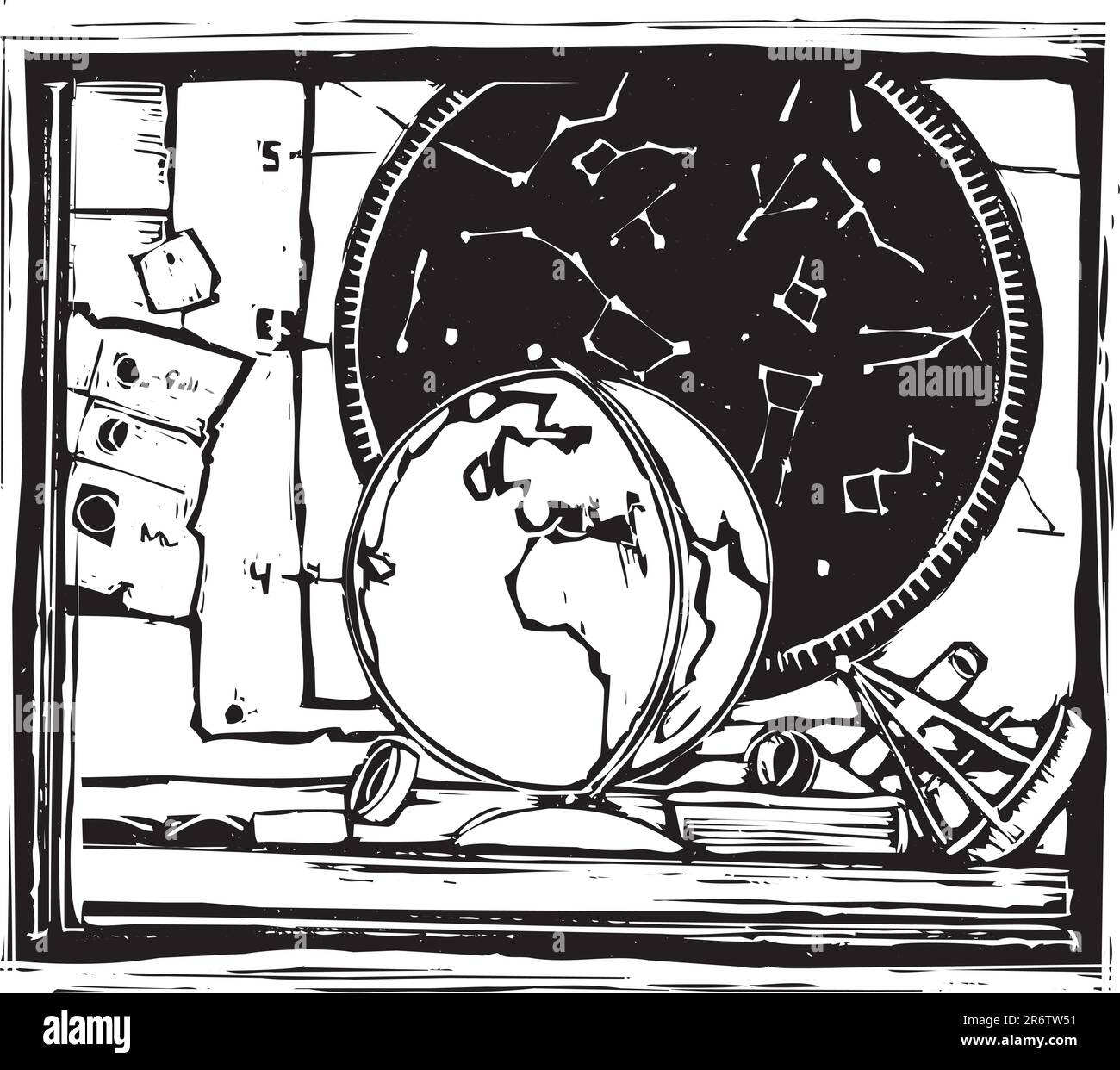Immagine in legno di una scrivania con diagrammi di stelle e globo. Illustrazione Vettoriale