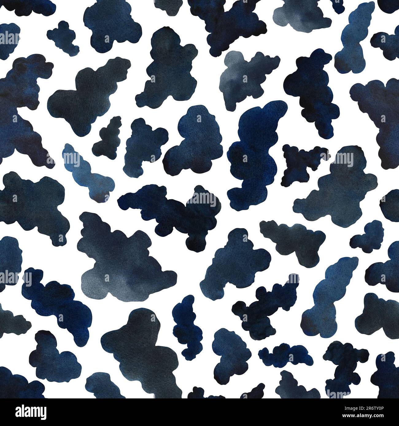 Motivo senza giunture con stampa a mucca. Ripetere la mucca macchiata nera su uno sfondo bianco. Illustrazione disegnata a mano con acquerello. Consistenza del latte per stampe di design. REP Foto Stock