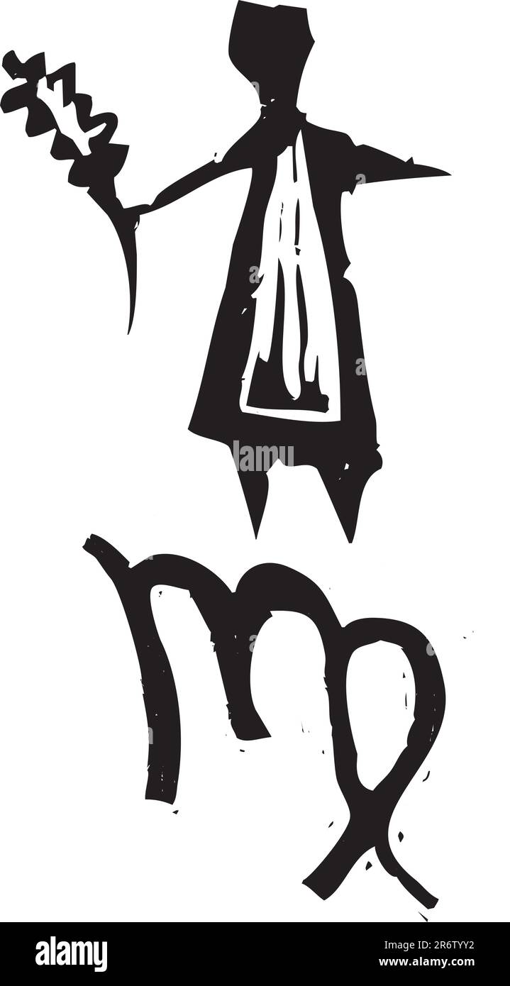 Primitivo stile xilografia segno zodiacale di Virgo. Parte di una serie. Illustrazione Vettoriale