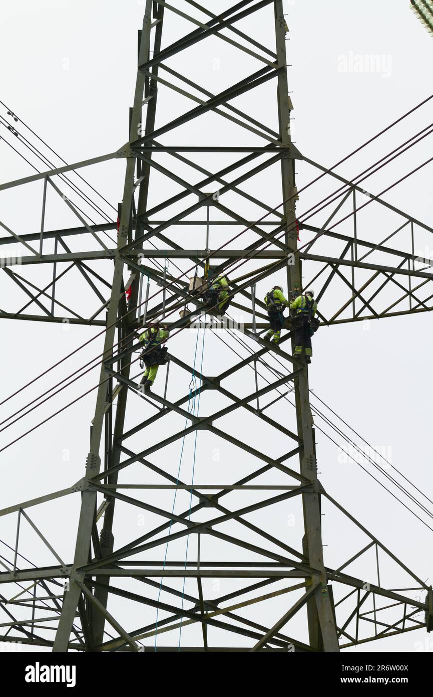 Gruppo di lavoratori di elettricità in High Vis e hard Hats fissaggio, riparazione Di Un metallo Elettricità Pylon, Inghilterra UK Foto Stock