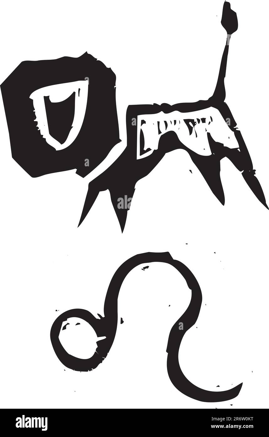 Primitivo stile xilografia segno zodiacale del leone. Parte di una serie. Illustrazione Vettoriale