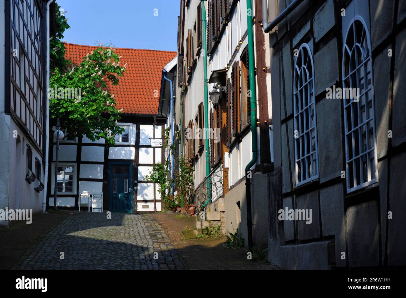 Case a graticcio, quartiere Nikolaiviertel, Unna, Renania Settentrionale-Vestfalia, Germania Foto Stock