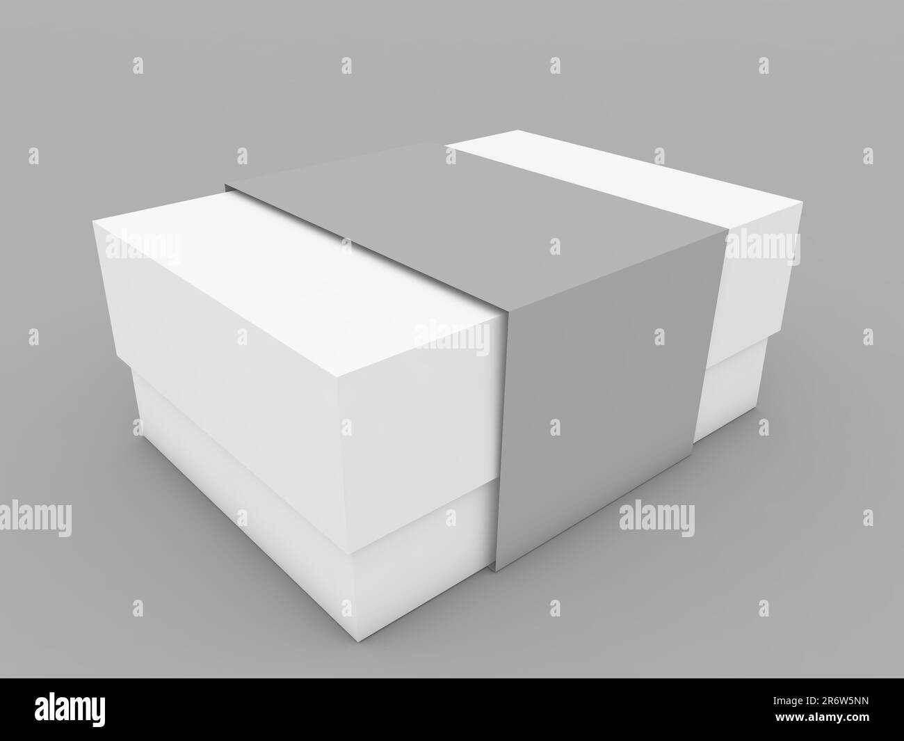 Imballaggio scatola di carta con nastro, mockup su sfondo grigio. illustrazione di rendering 3d. Foto Stock