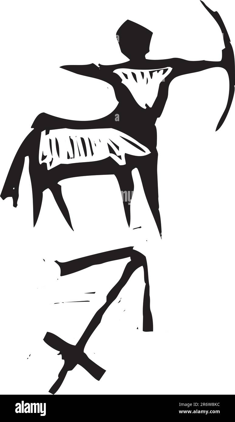 Segno zodiacale primitivo del Sagittario in stile taglio di legno. Fa parte di una serie. Illustrazione Vettoriale