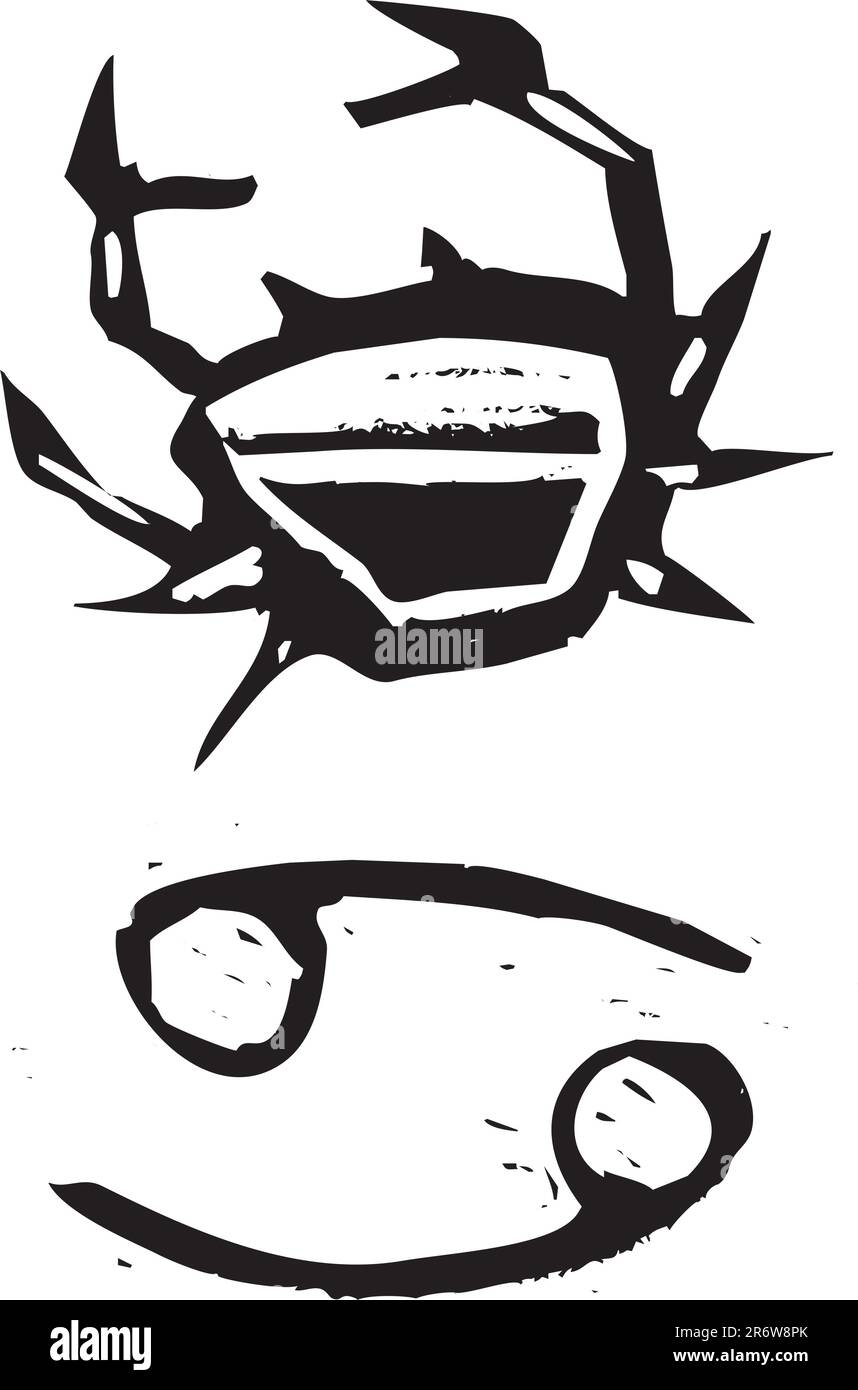 Primitivo stile xilografia segno zodiacale del cancro. Parte di una serie. Illustrazione Vettoriale