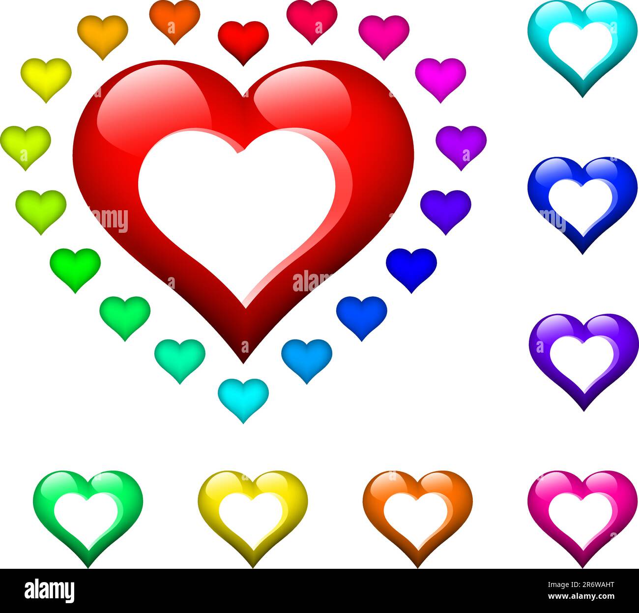 forme di plastica infantile in diversi colori (spettrali) con un cuore semplice e un ritaglio Illustrazione Vettoriale