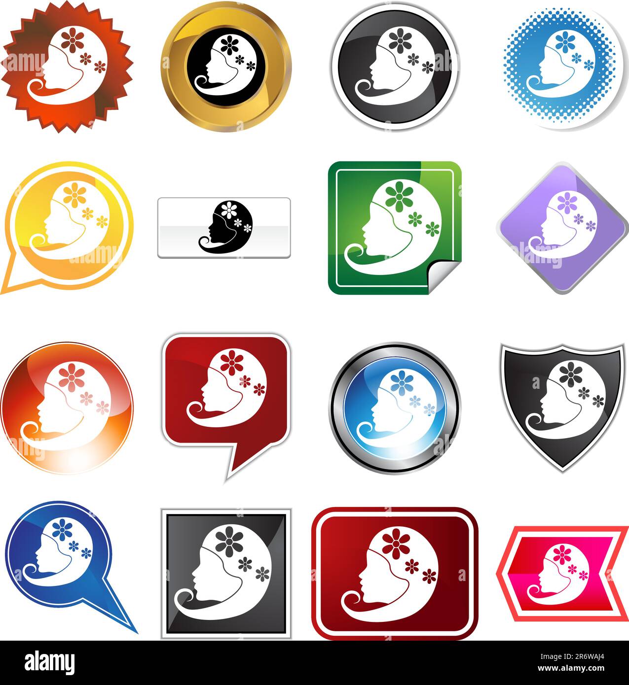 Un set di 16 pulsanti icone in forme e colori diversi - simbolo zodiaco Virgo. Illustrazione Vettoriale