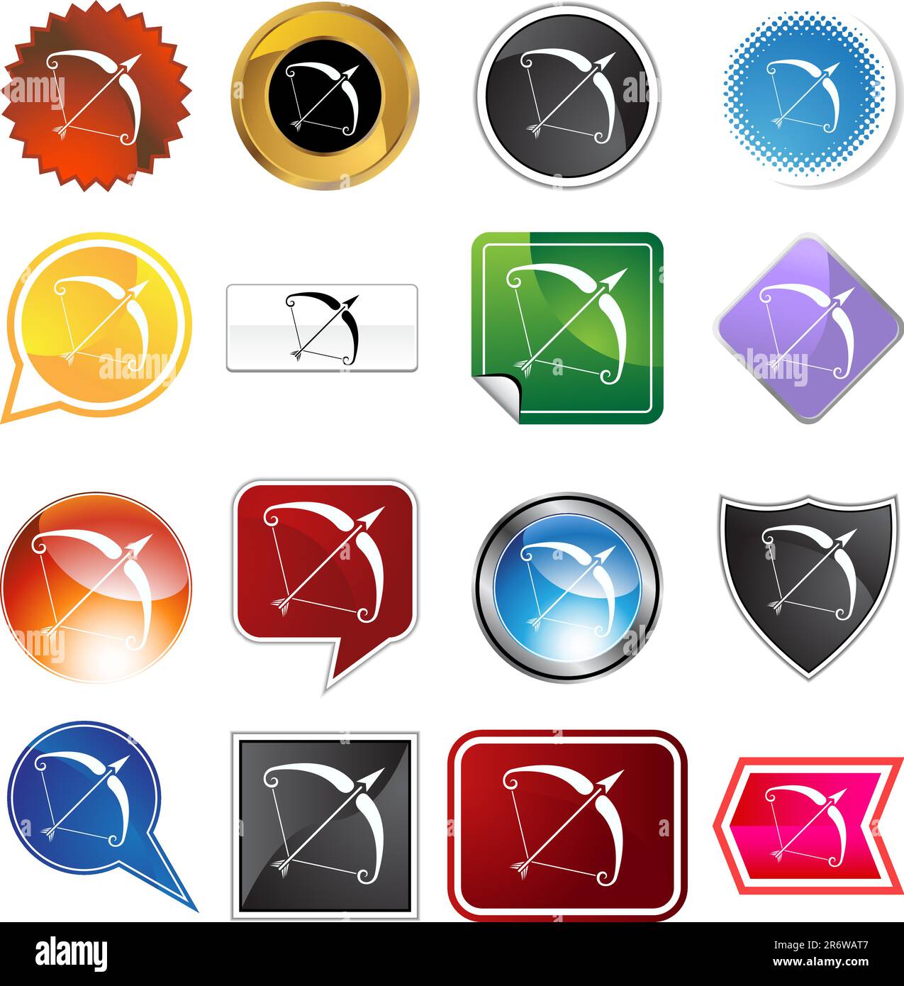 Una serie di 16 pulsanti icone in forme e colori diversi - simbolo zodiaco Sagittarius. Illustrazione Vettoriale