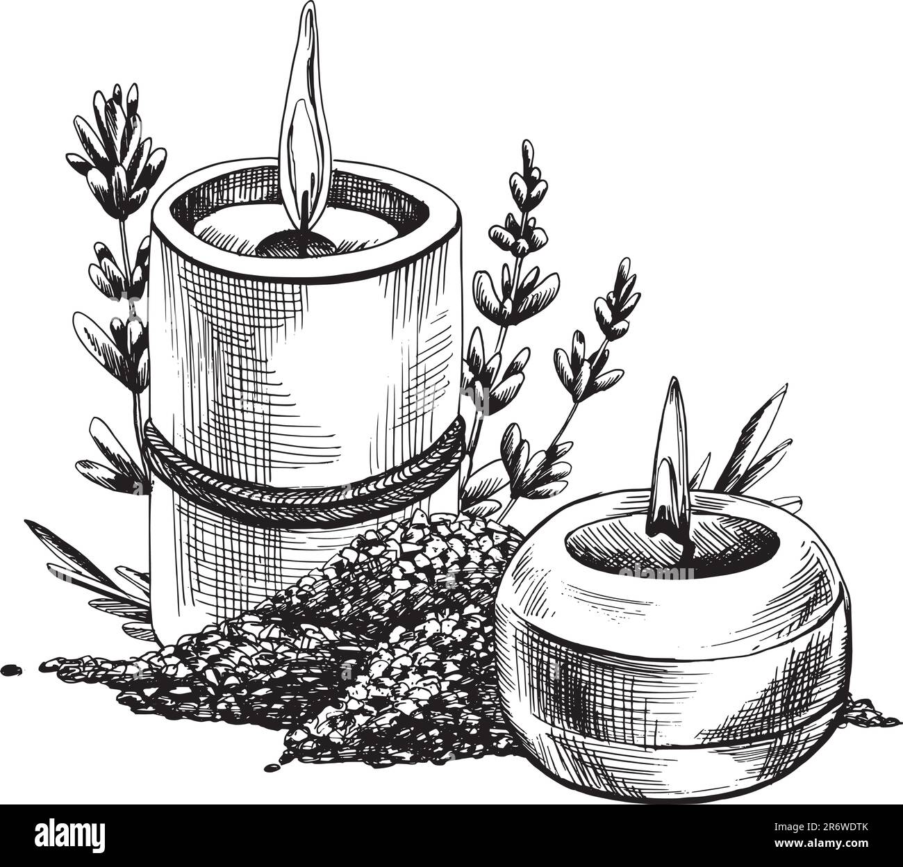 Sale marino e candele con fiori di lavanda. Illustrazione disegnata a mano, vettore grafico EPS. Composizione isolata su sfondo bianco. Illustrazione Vettoriale