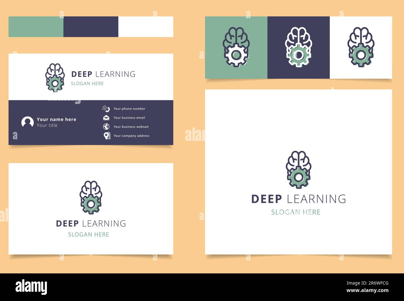 Design del logo deep learning con slogan modificabile. Libro di branding e modello biglietto da visita. Illustrazione Vettoriale