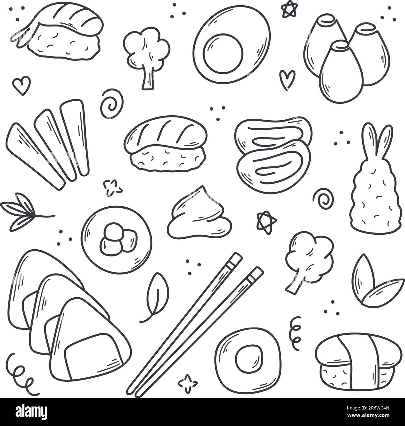 Set di cucina giapponese disegnata a mano. Ingredienti alimentari asiatici. Semplice inchiostro doodle schizzo stile, cibo tradizionale del giappone. Contorni isolati vegetali, carne Illustrazione Vettoriale