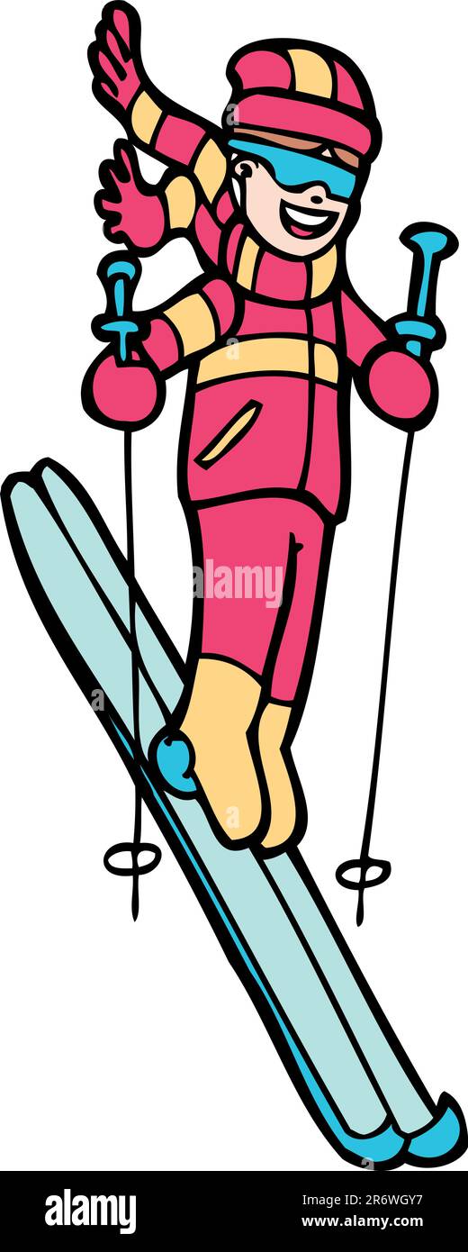 Il bambino sta sciando da una scogliera come un professionista. Illustrazione Vettoriale