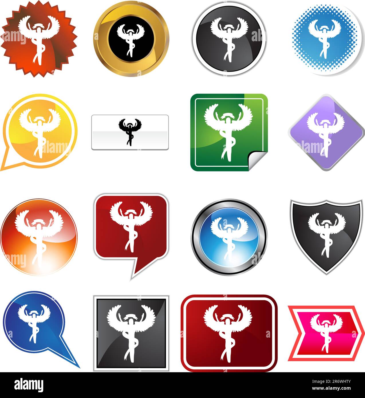 Un set di 16 pulsanti icone in diverse forme e colori - simbolo chiropratico. Illustrazione Vettoriale