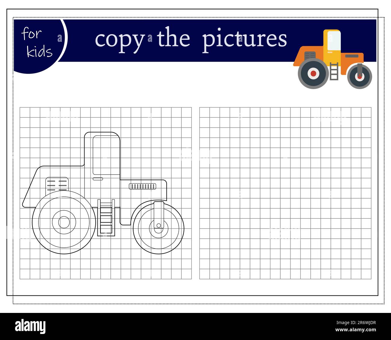 Copia la foto, un gioco educativo per i bambini, un cartoon auto asfaltatrice. Illustrazione vettoriale su sfondo bianco Illustrazione Vettoriale