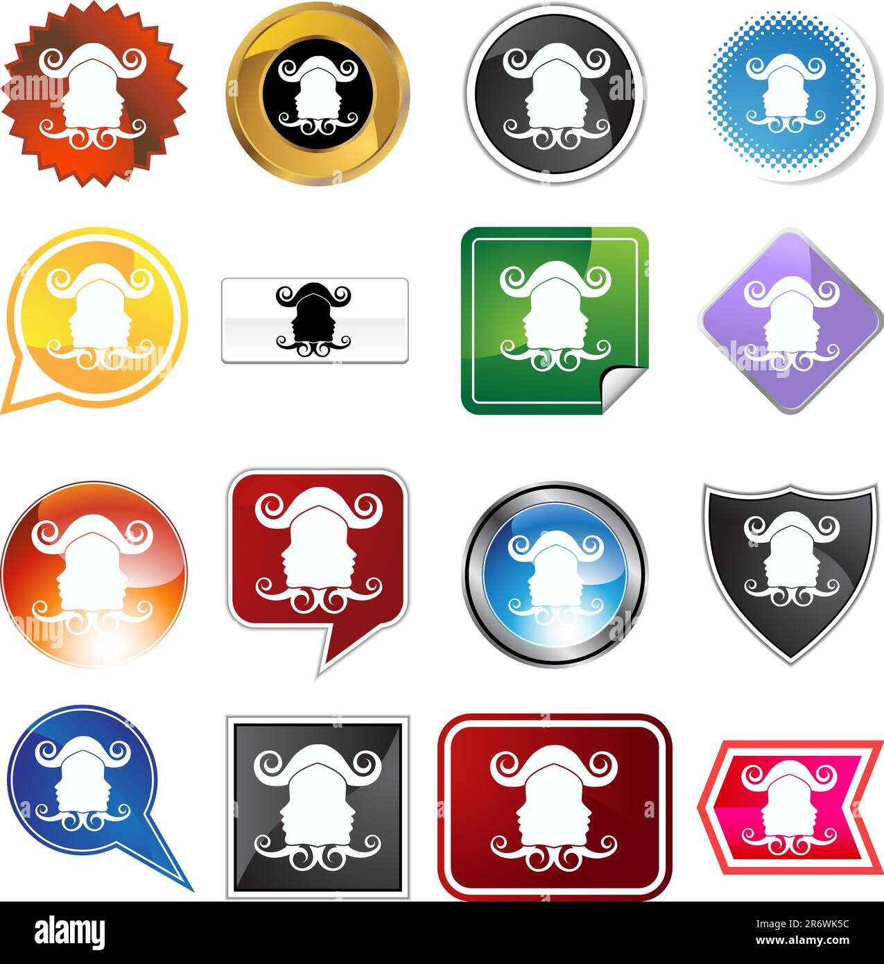 Un set di 16 pulsanti icone in forme e colori diversi - simbolo zodiaco Gemini. Illustrazione Vettoriale