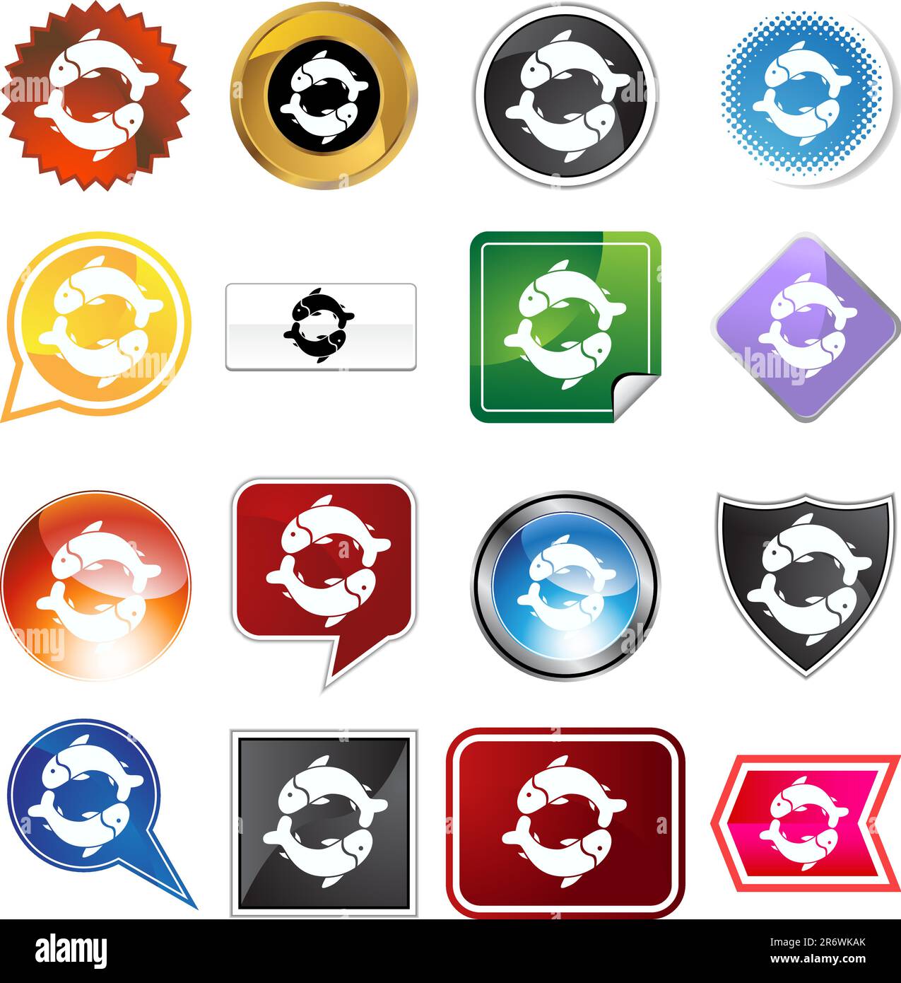 Un set di 16 pulsanti icone di forme e colori diversi - simbolo zodiaco pesci. Illustrazione Vettoriale